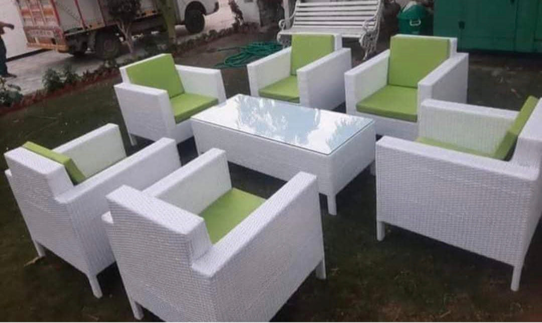 Luxury 6-Seater Rattan Sofa Set with Soft Cushions & Glass Table – Modern Elegant Furniture