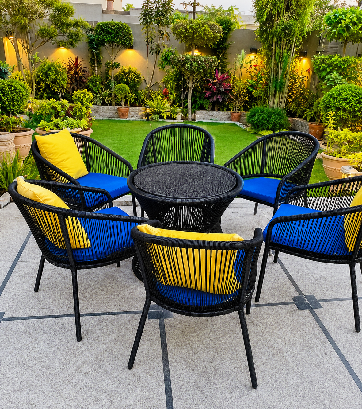 Modern Rope Rattan Dining Set – 6 Chairs with Round Table